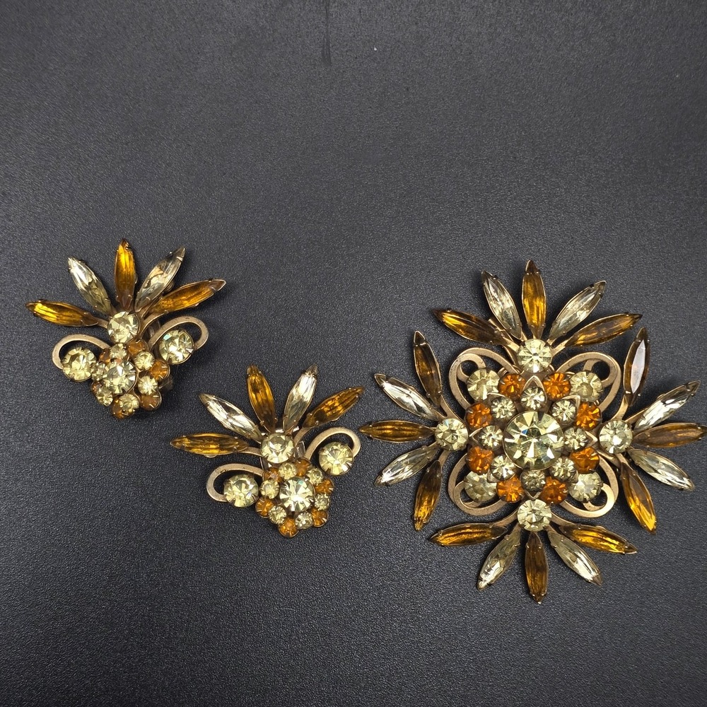 Judy Lee Orange Yellow Rhinestone Brooch Earrings Set Vintage Glam
